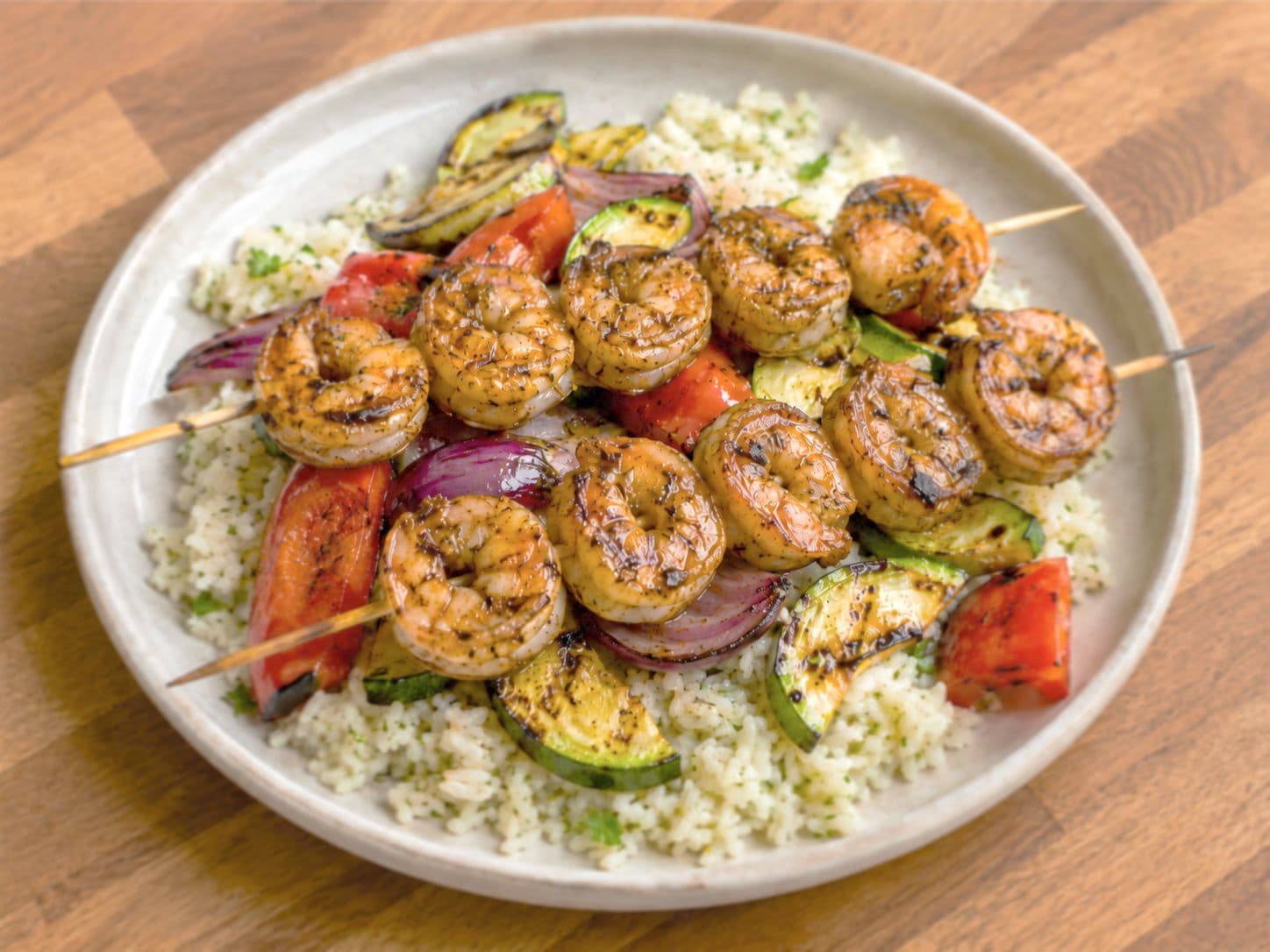Grilled Balsamic Shrimp Skewers with Herb Rice, Charred Vegetables & Tomato Relish