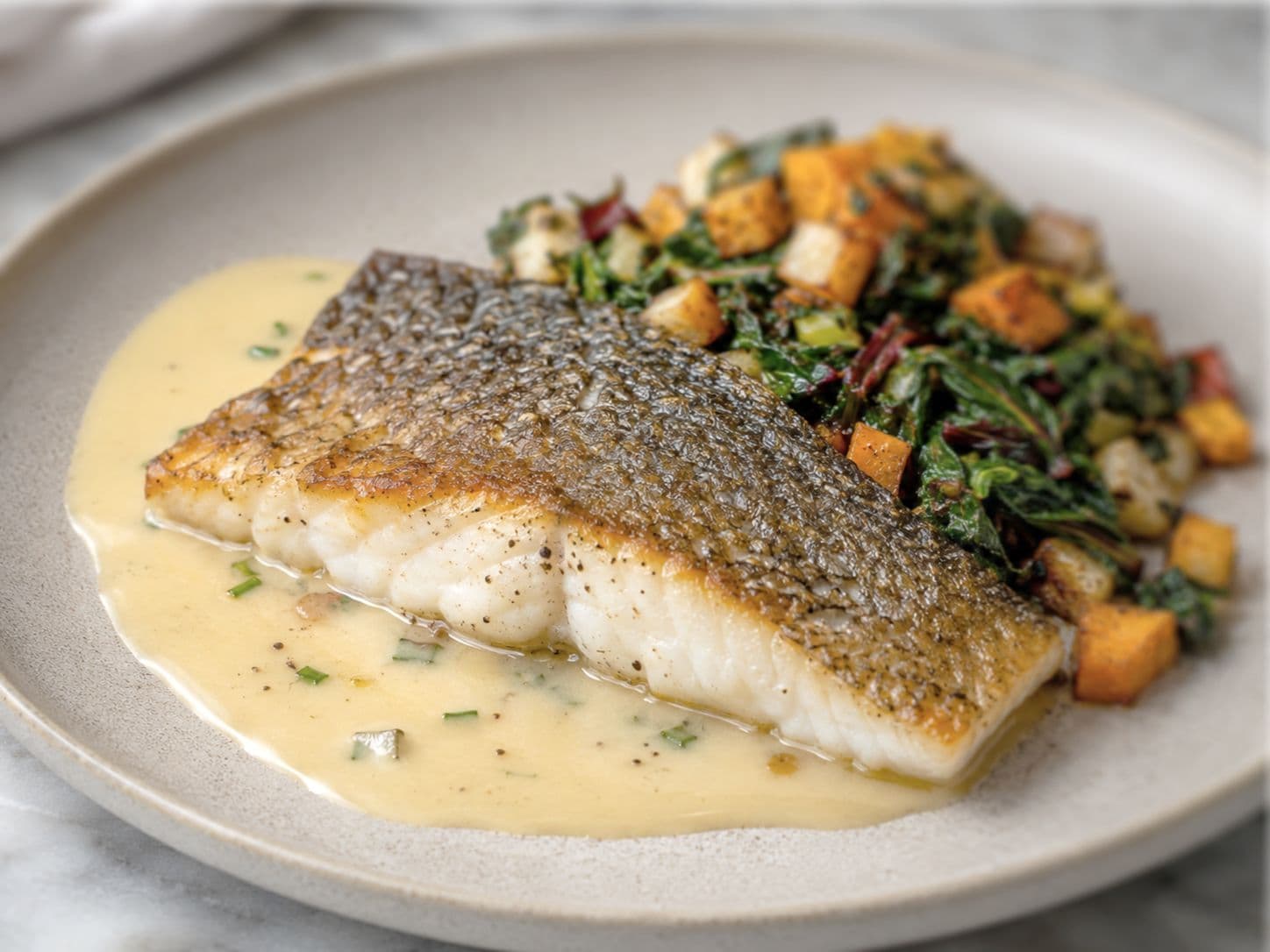 Pan-Seared Barramundi with Beurre Blanc & Root Vegetable-Chard Hash