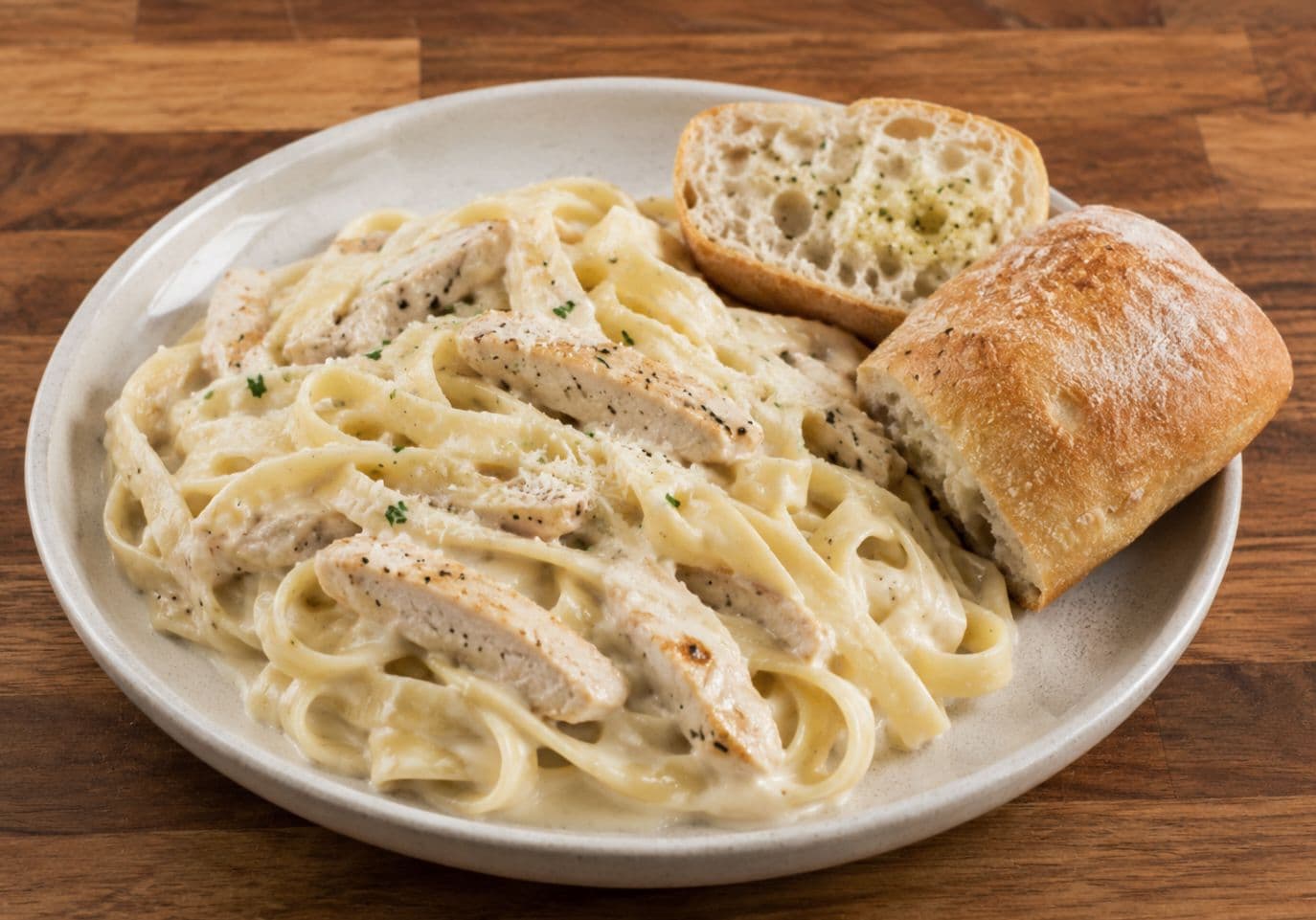 Creamy Chicken Alfredo Fettuccine with Ciabatta Garlic Bread