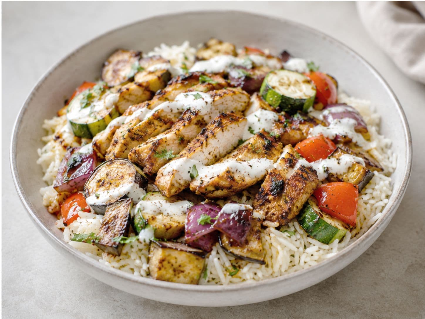 Middle Eastern Chicken Shawarma Rice Bowl with Roasted Vegetables