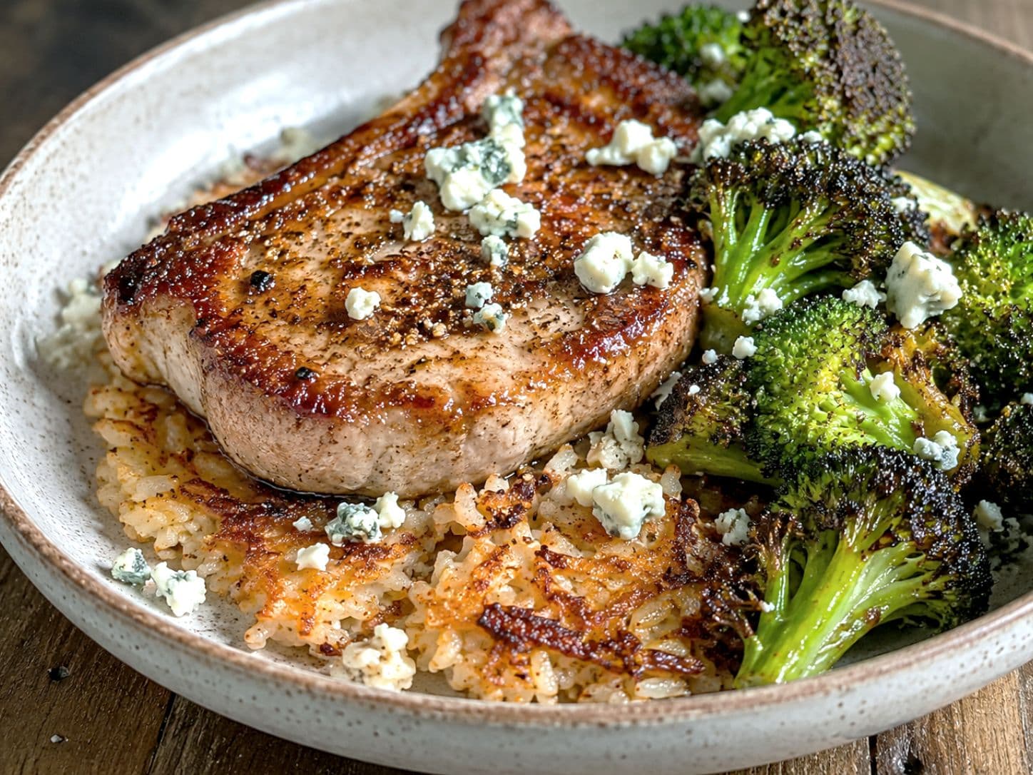 Crispy Rice Pork Chop with Charred Broccoli & Blue Cheese