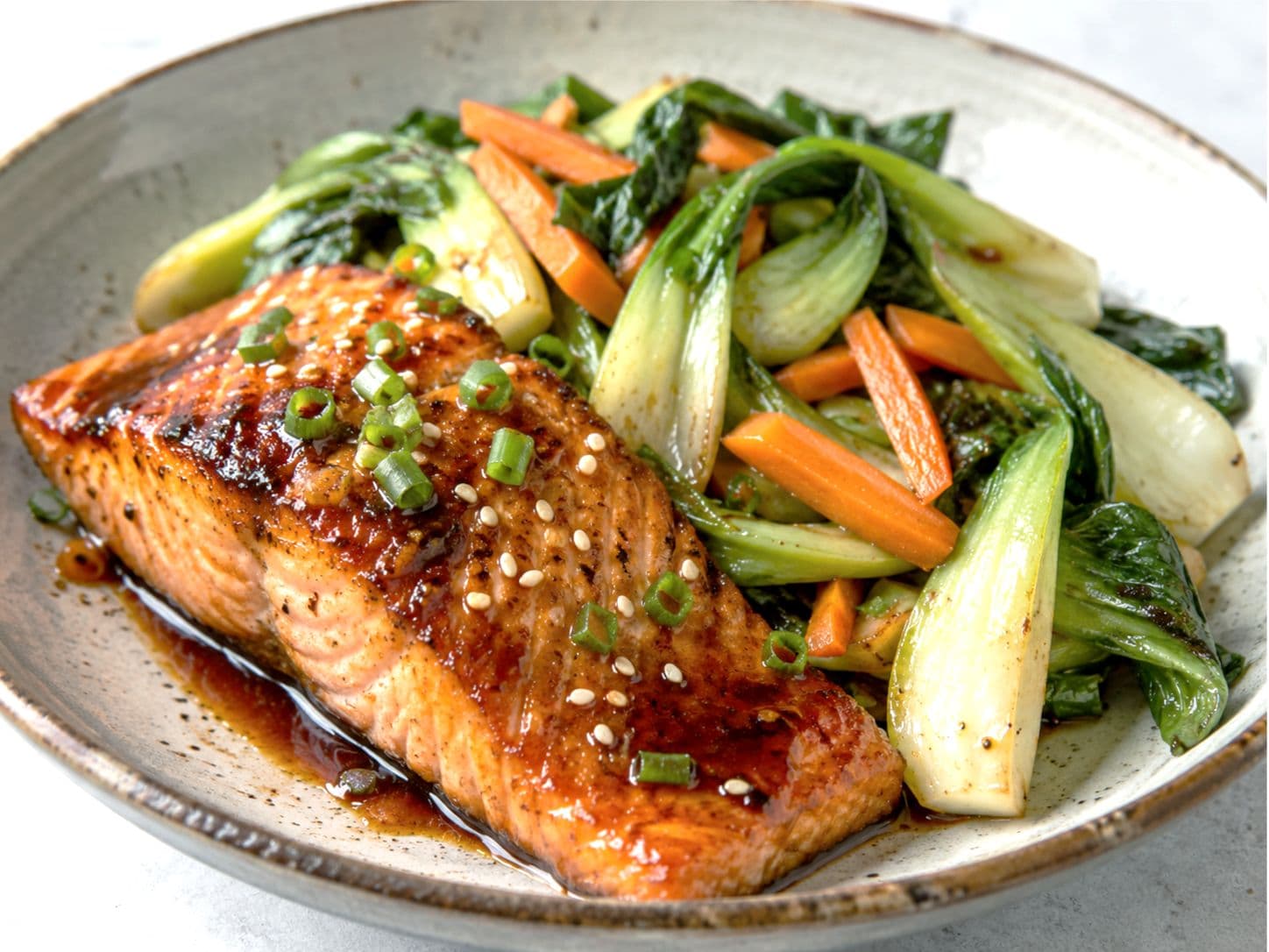 Ginger Teriyaki Salmon Bowl with Sautéed Bok Choy & Carrots