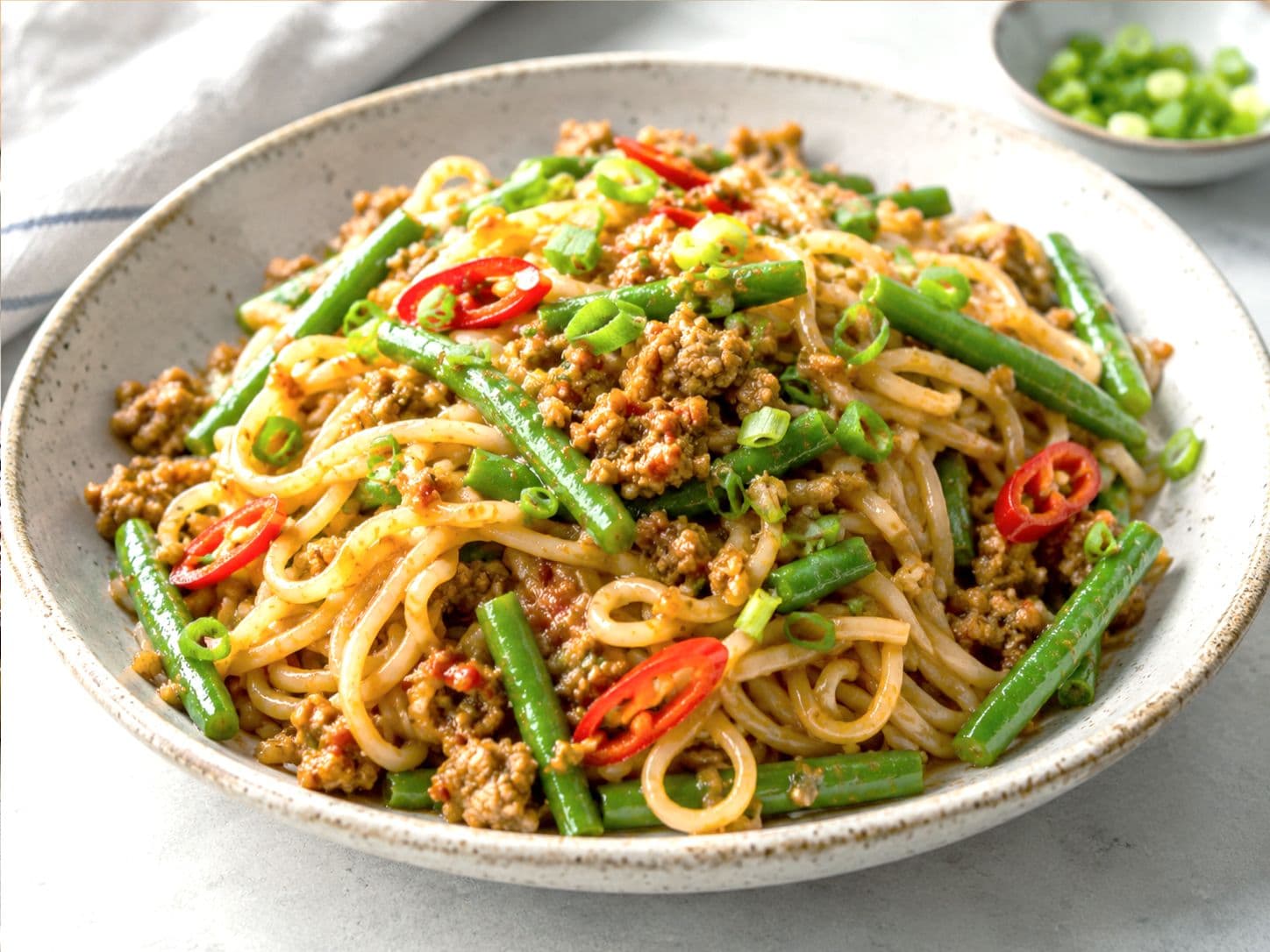 Spicy Korean Pork Noodle Bowl with Green Beans & Fresno Chile