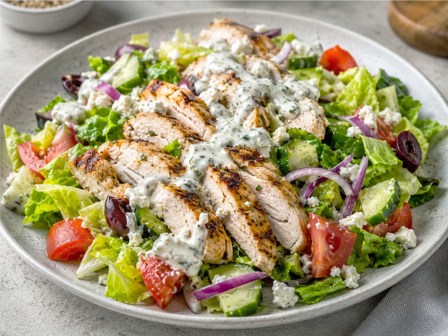 Mediterranean Chicken Salad with Creamy Feta-Oregano Dressing