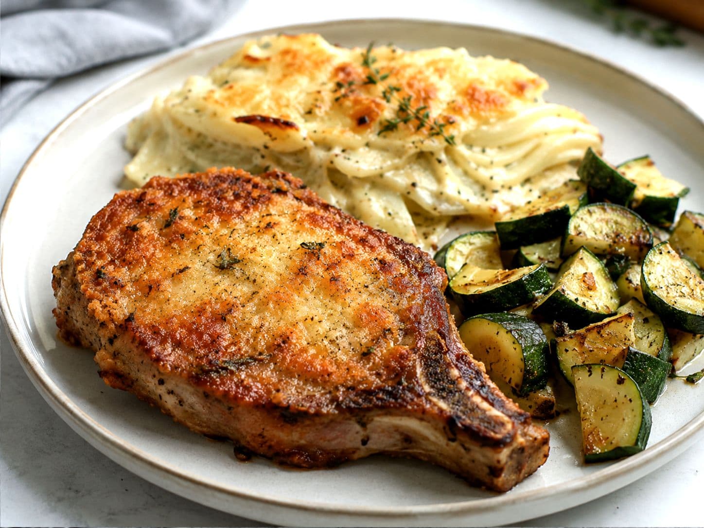Crispy Parmesan Pork Chop with Fennel Gratin & Roasted Zucchini