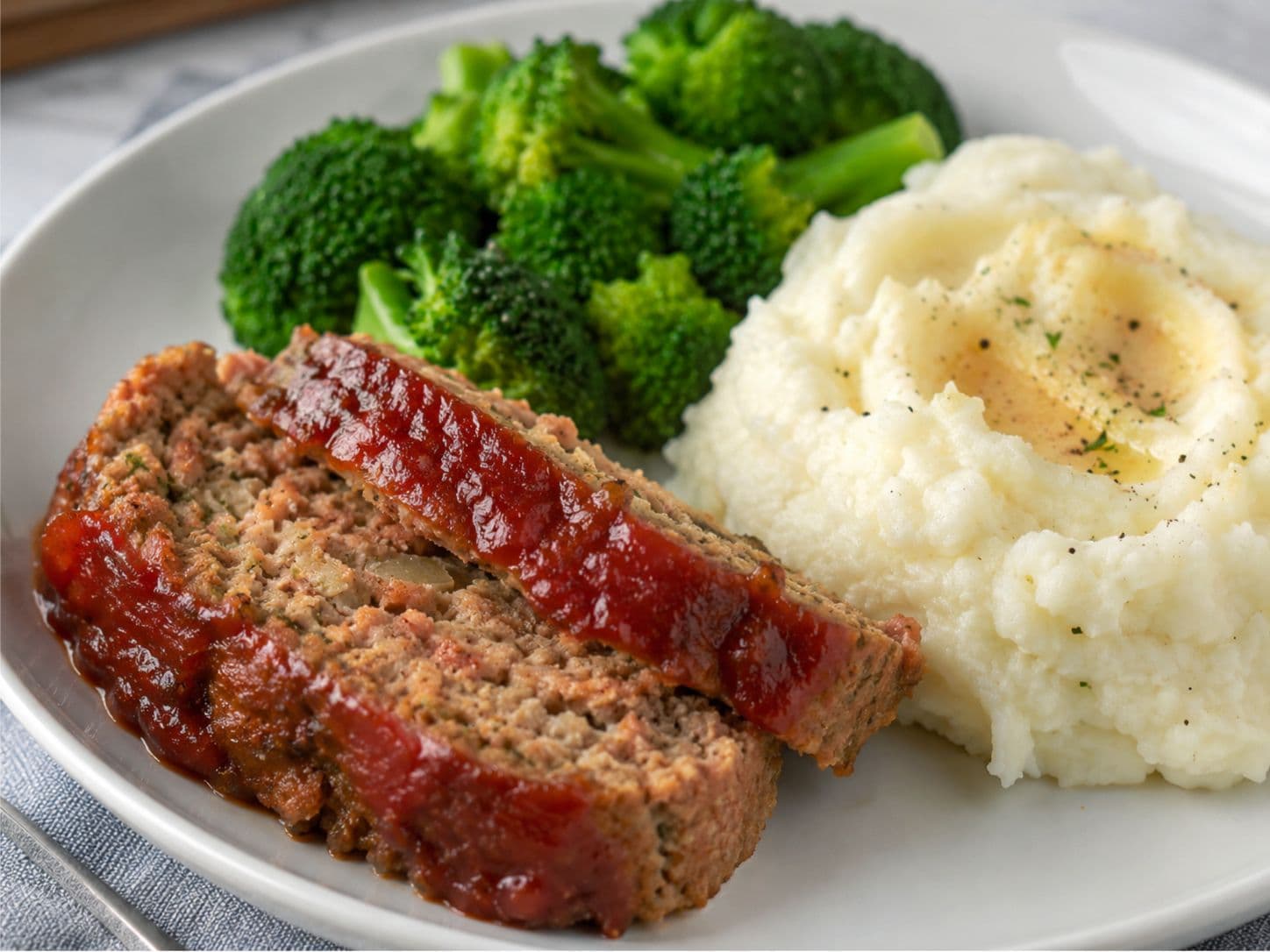 Homestyle Turkey Meatloaf Plate with Creamy Mashed Potatoes & Broccoli